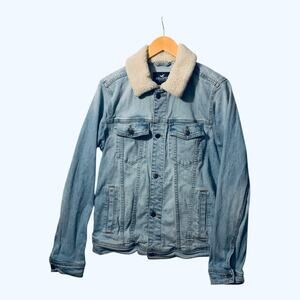 Hollister Jean Jacket Mens XL Epic Flex Denim Unlined Sherpa Collar Button Up